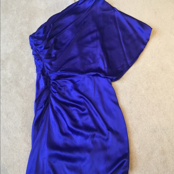 One shoulder, silk, royal blue cocktail dress - Picture 3 of 7